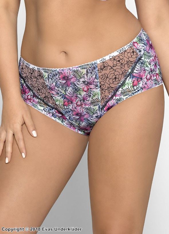 Briefs, embroidery, sheer inlays, colorful flowers